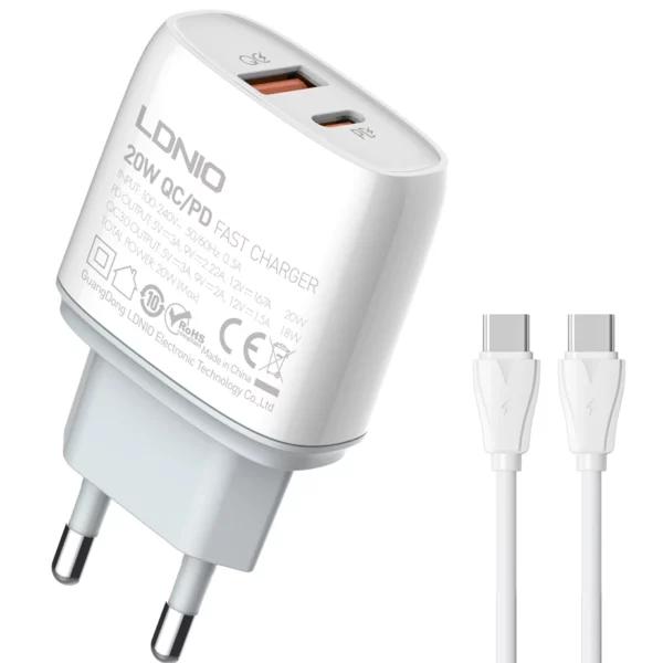 Ldnio Φορτιστής με Θύρα USB-A και Θύρα USB-C και Καλώδιο USB-C - USB-C 20W Power Delivery Λευκός (Q229)