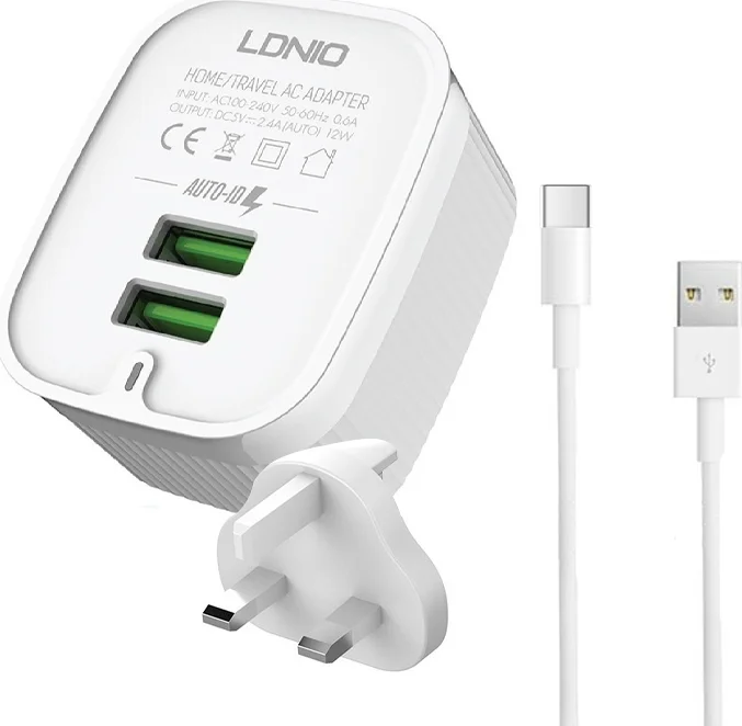 ldnio Φορτιστής με 2 Θύρες usb a και Καλώδιο usb c Λευκός (a201)