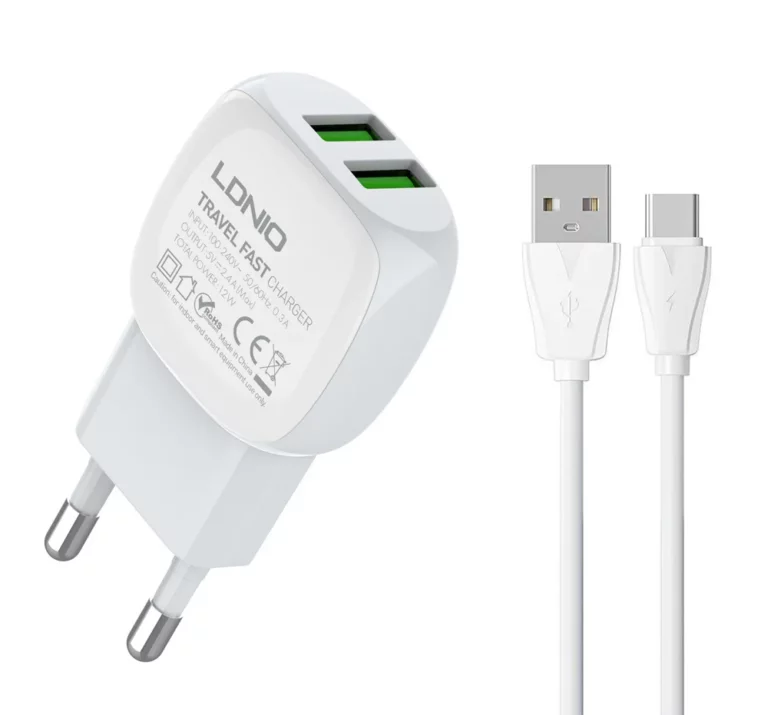 Ldnio Φορτιστής με 2 Θύρες USB-A και Καλώδιο USB-C 12W Λευκός (A2218)