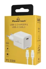 powertech Φορτιστής gan με Θύρα usb c και Καλώδιο usb c usb c 33w quick charge 2.0 / quick charge 3.0 Λευκός (pt 1225)