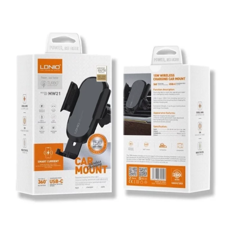 ldnio mw21 Βάση Κινητού Αυτοκινήτου με Ρυθμιζόμενα Άγκιστρα και Ασύρματη Φόρτιση Μαύρη