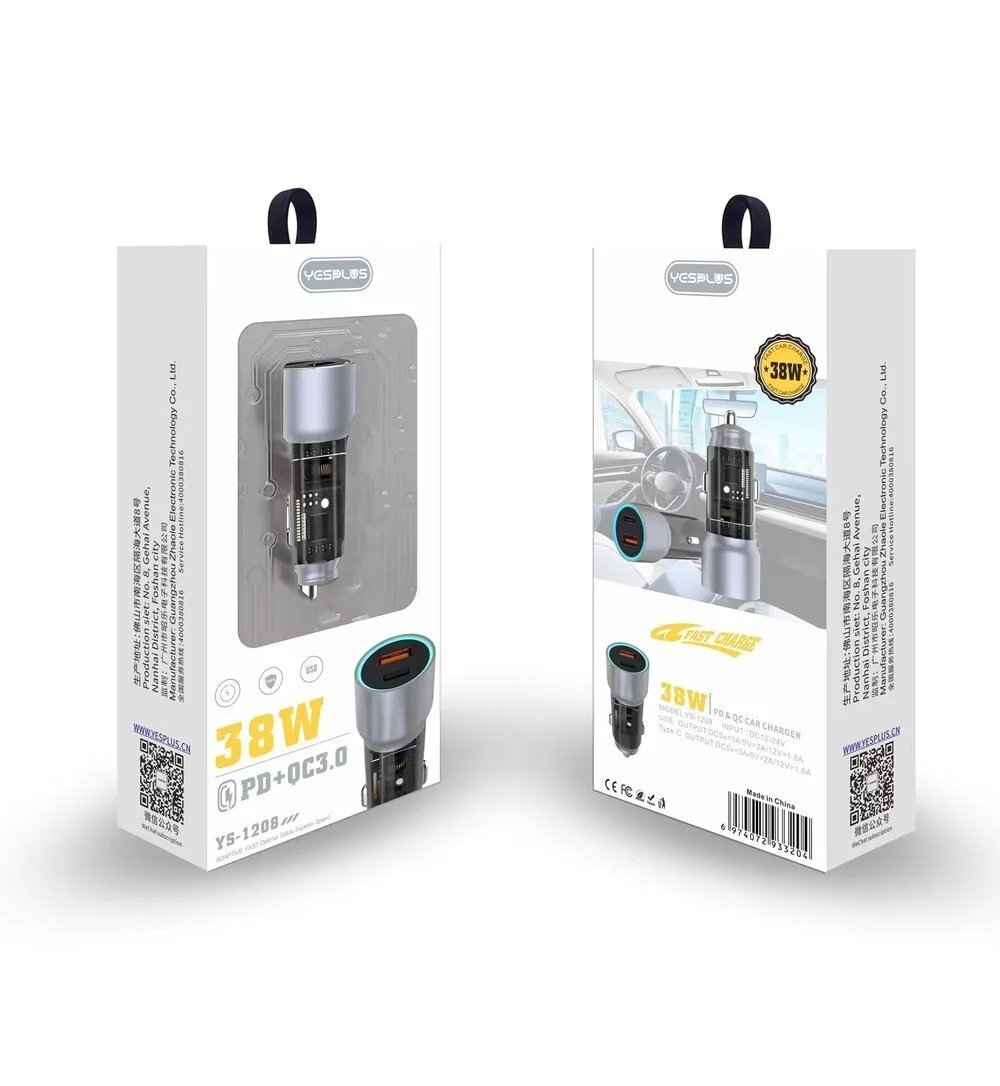yesplus Φορτιστής Αυτοκινήτου 38w 2.25a Γρήγορης Φόρτισης με Θύρες: 1xusb 1xtype c Ασημί